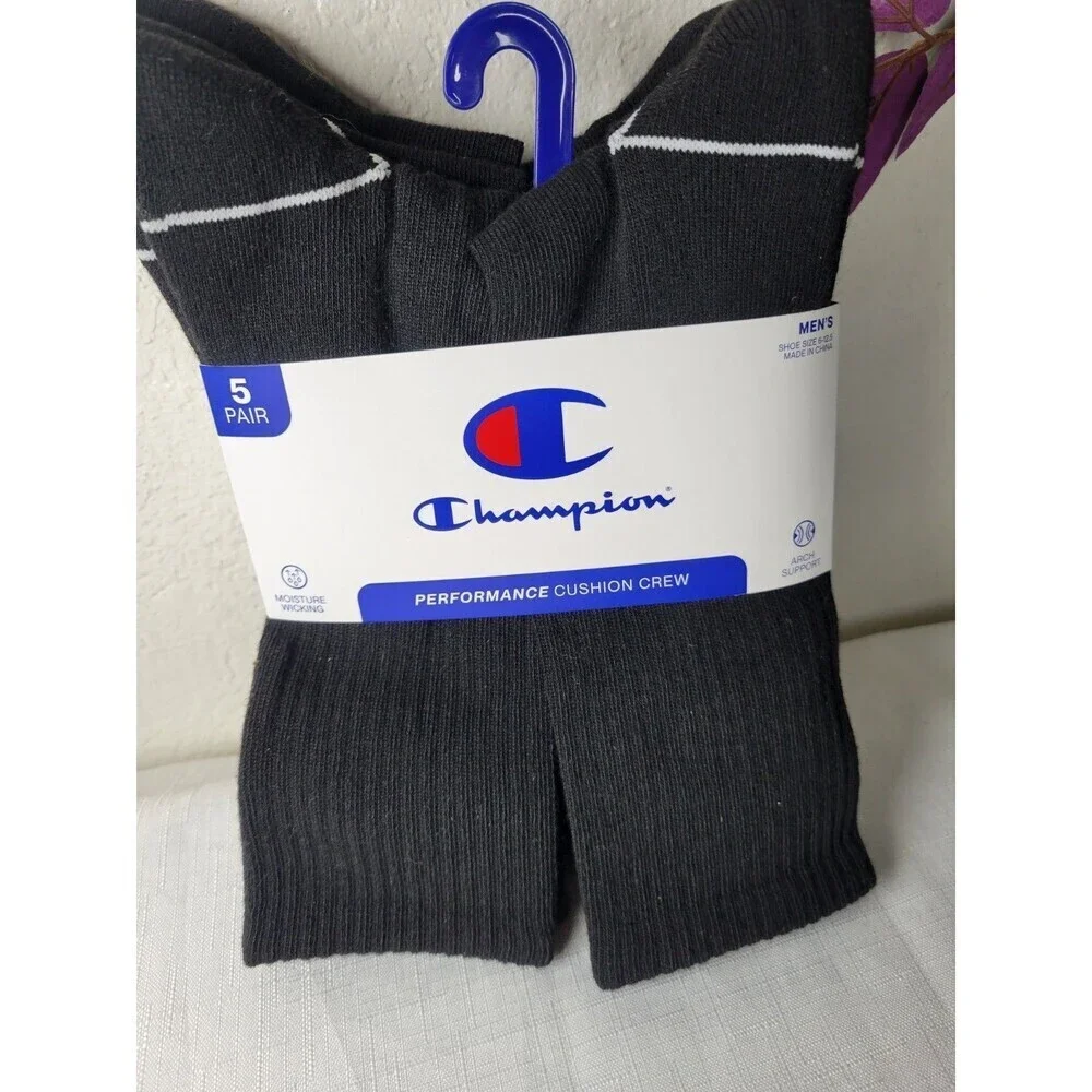Champion Mens- Crew Black Socks 5 Pair Athleticwear Size 6-12  Cushioned